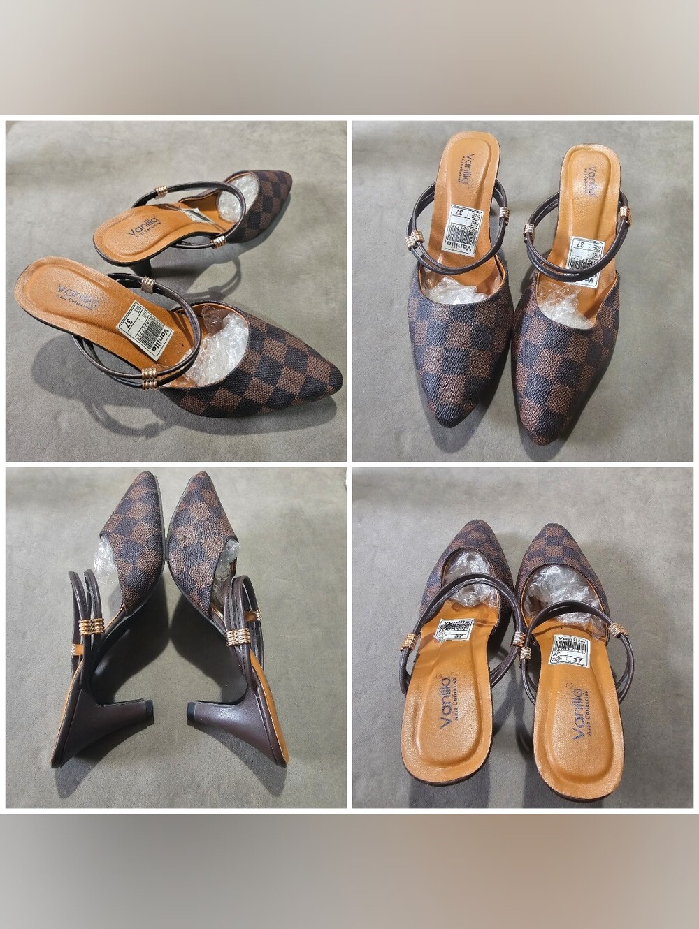 Colorblock Brown Check Pointed Slingback Heels